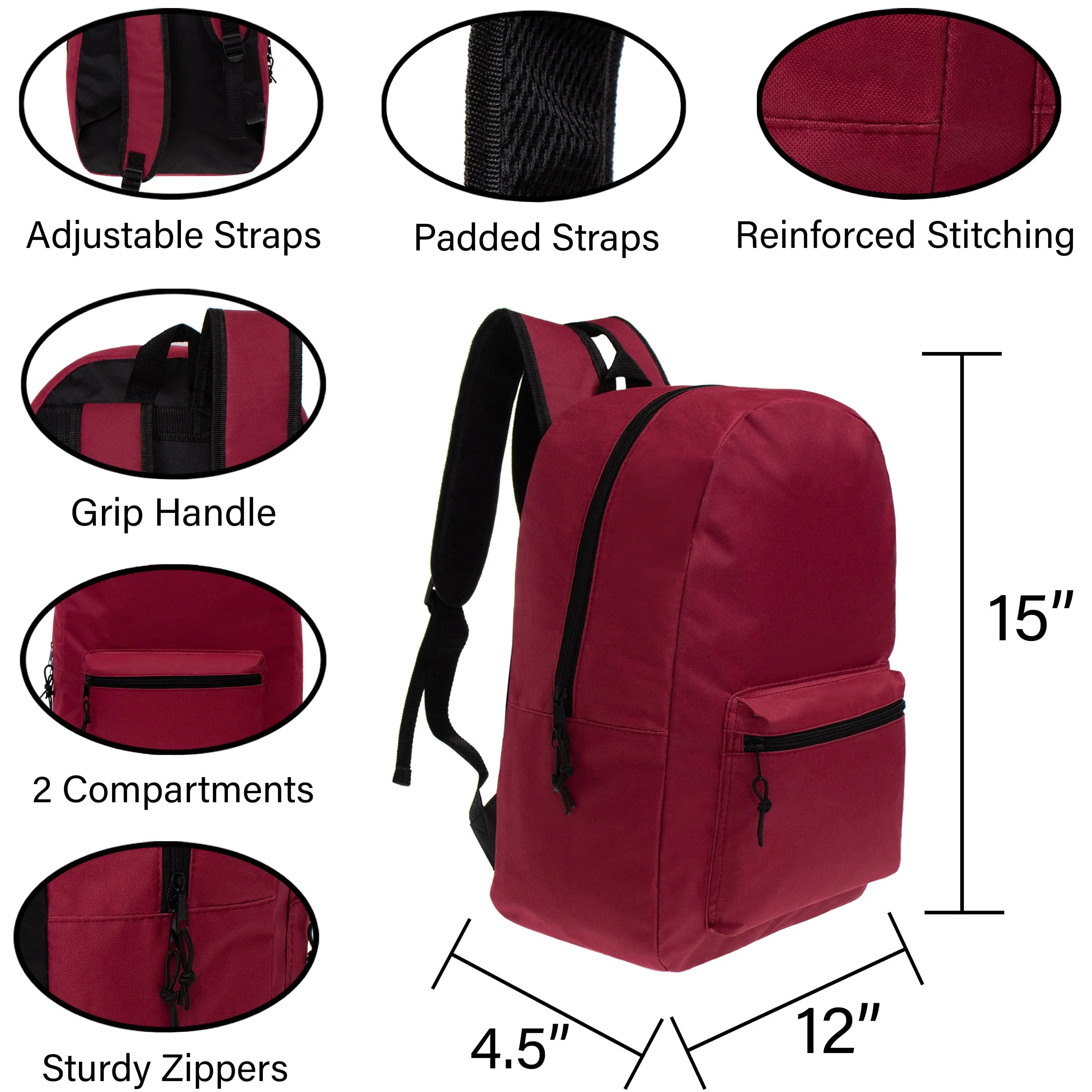 15" Kids Basic Wholesale Backpack in 12 Colors- Bulk Case of 24