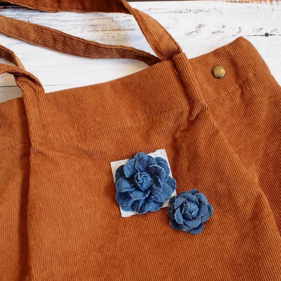 Brown Maile Denim Floral Corduroy Tote Bag