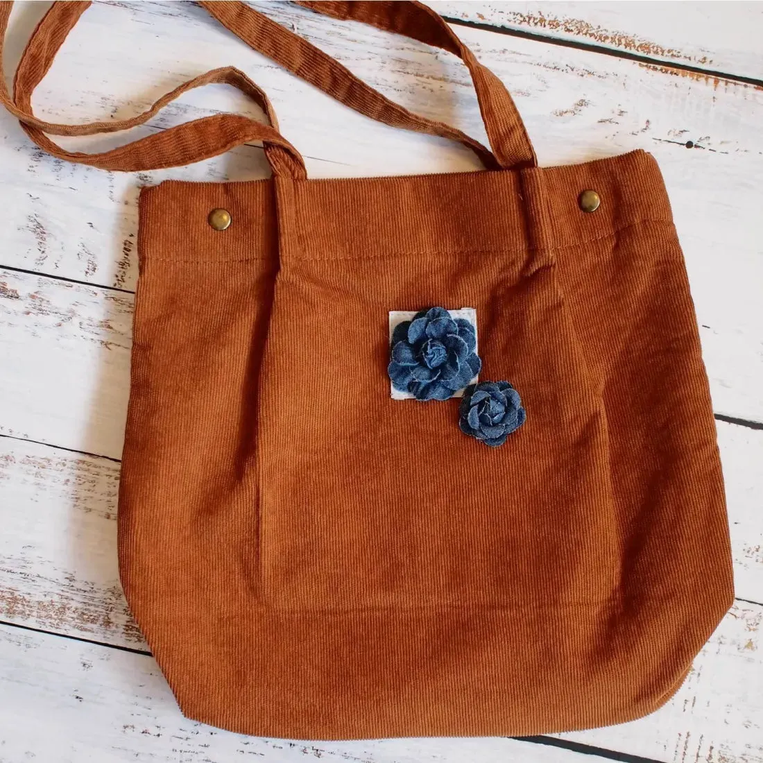 Brown Maile Denim Floral Corduroy Tote Bag