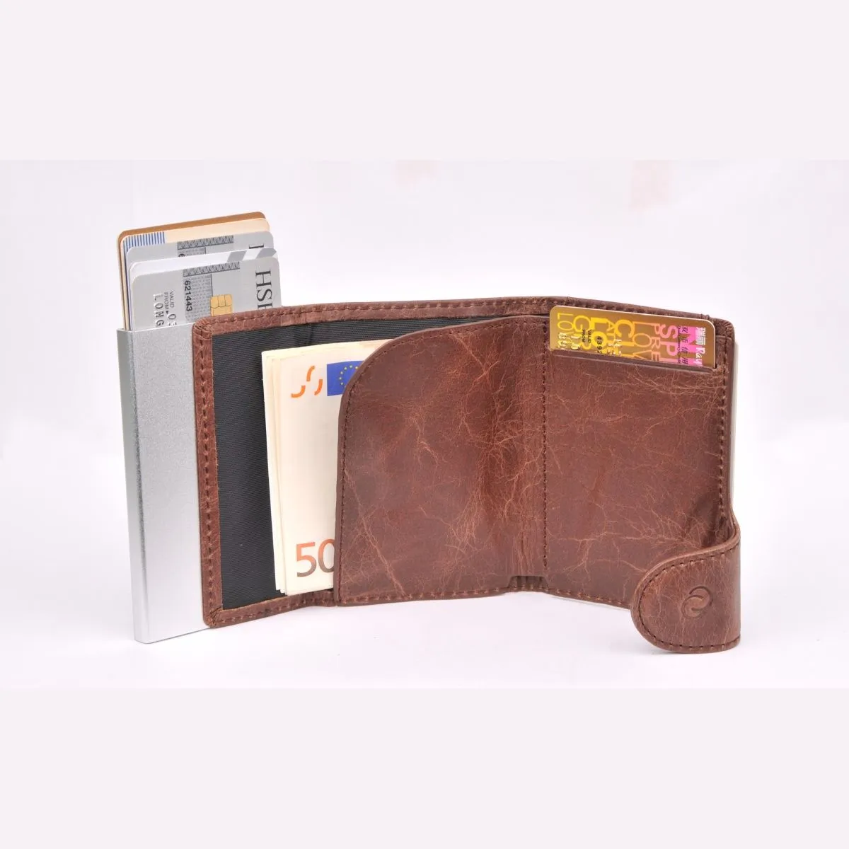 C-Secure Aluminum Card Holder with PU Leather with Coin Pouch - Dark Brown