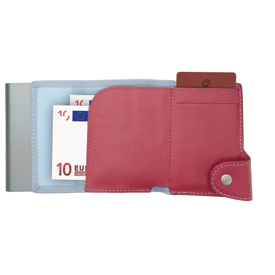 C-Secure XL Aluminum Wallet with Genuine Leather and Coins Pocket - Ice/Cherry