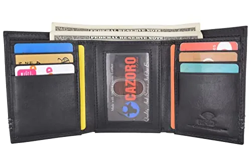 CAZORO Real Leather Wallets for Men RFID Blocking Slim Trifold Wallet with Card Slots & ID Window