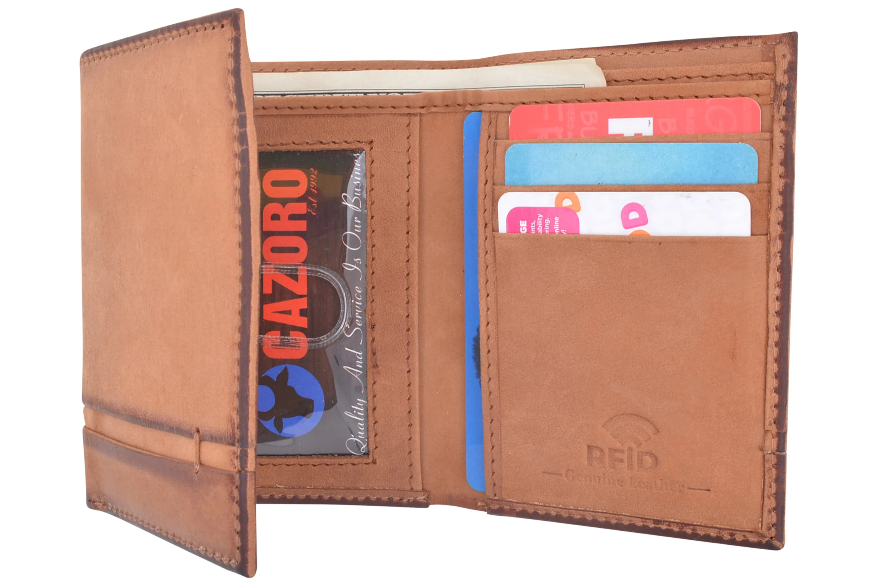 CAZORO Real Leather Wallets for Men RFID Blocking Slim Trifold Wallet with Card Slots & ID Window