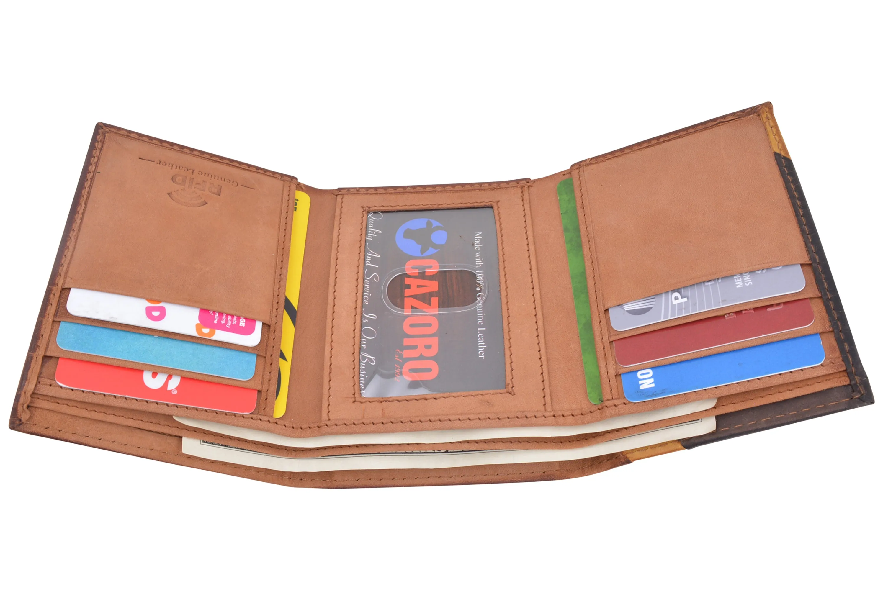 CAZORO Real Leather Wallets for Men RFID Blocking Slim Trifold Wallet with Card Slots & ID Window