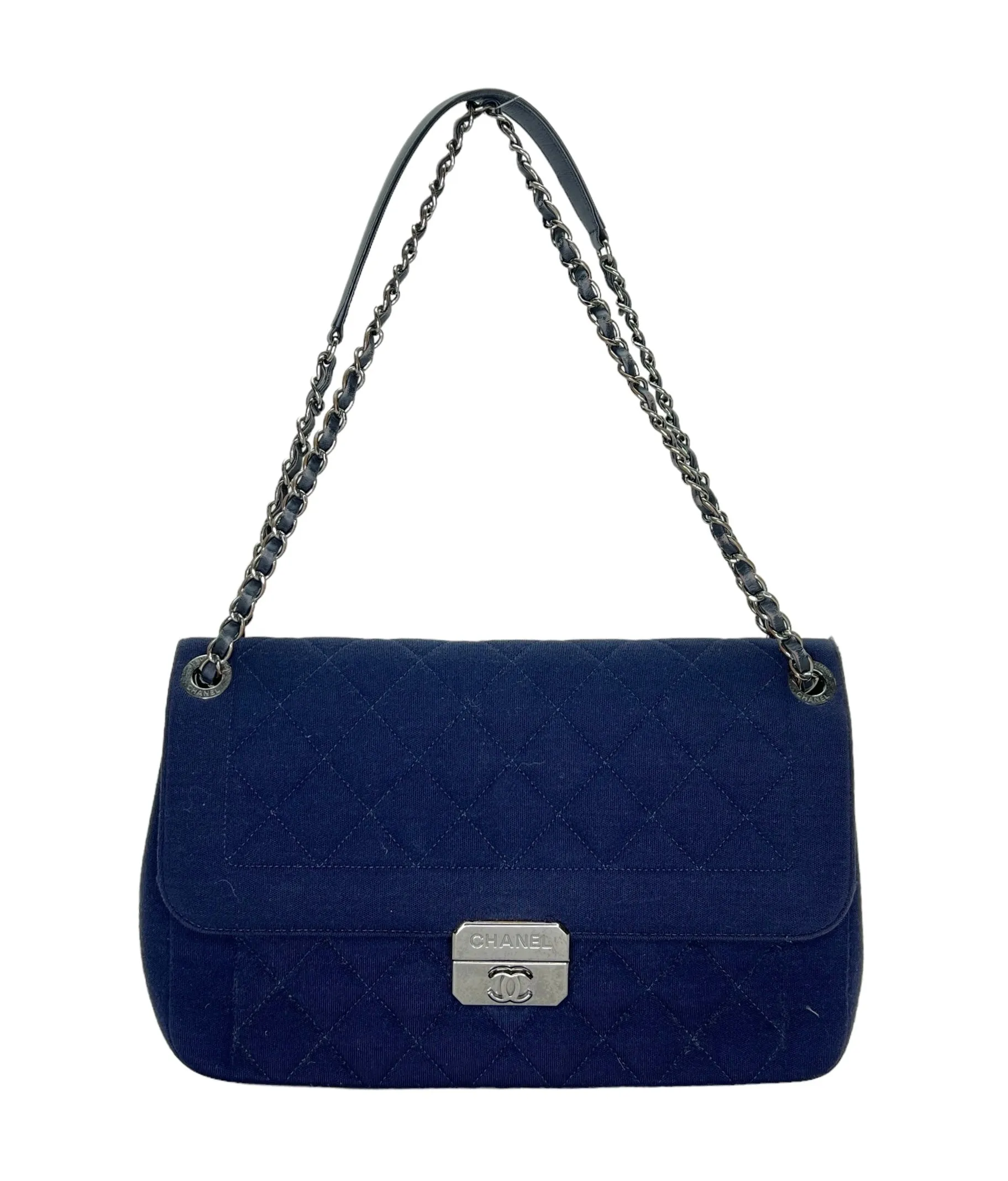 Chic With Me Navy Shoulder Bag in Jersey, Gunmetal hardware