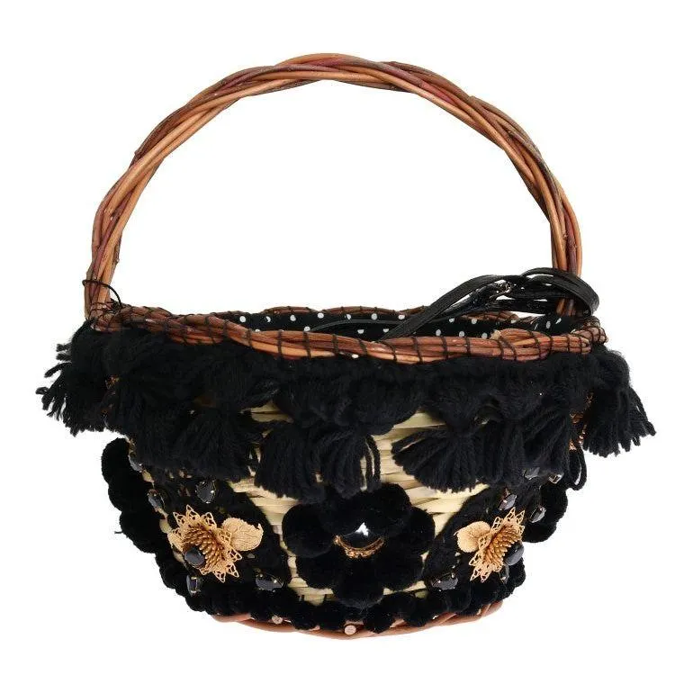 Dolce & Gabbana Chic Beige & Black Straw Snakeskin Bucket Bag