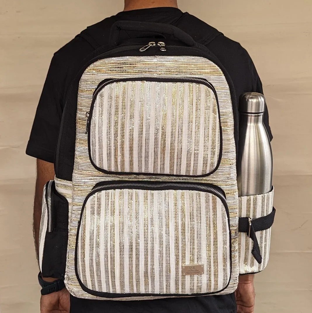 Golden Shimmery White Striped Upcycled Handwoven Commuter Backpack (CBP0824-010) PS_W