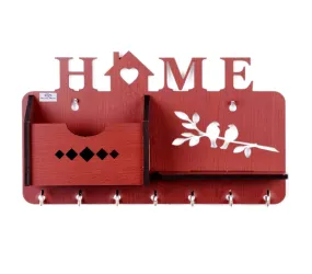 Heart Home Wood Home Design Wall 7 Hooks Key Holder | Mail Holder with Stand & Extra Shelf for Home Decorations (Brown)