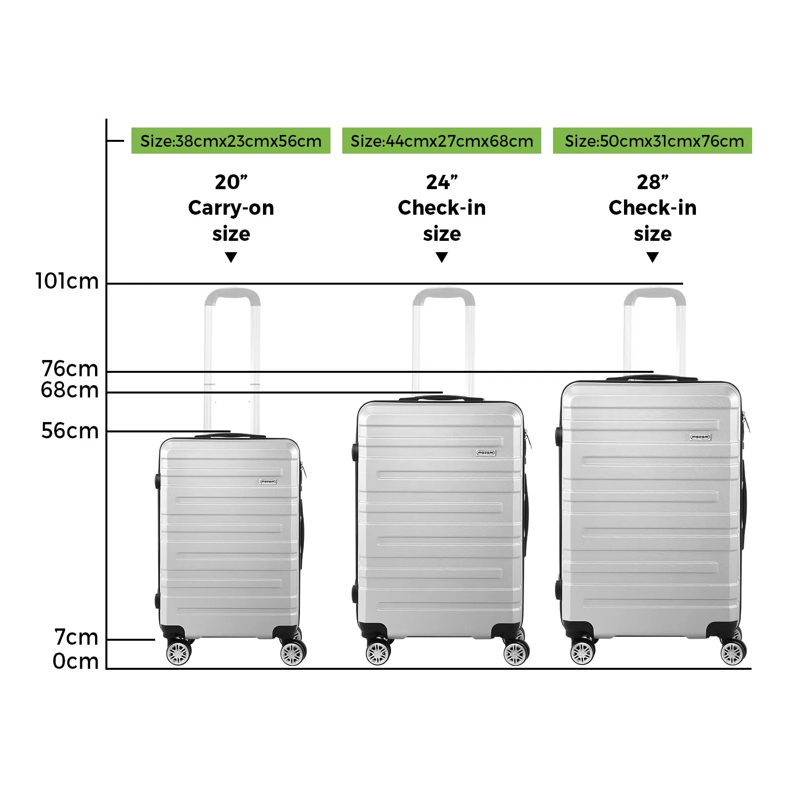 Mazam 3PCS Luggage Suitcase Trolley Set Travel TSA Lock Storage Hard Case Silver