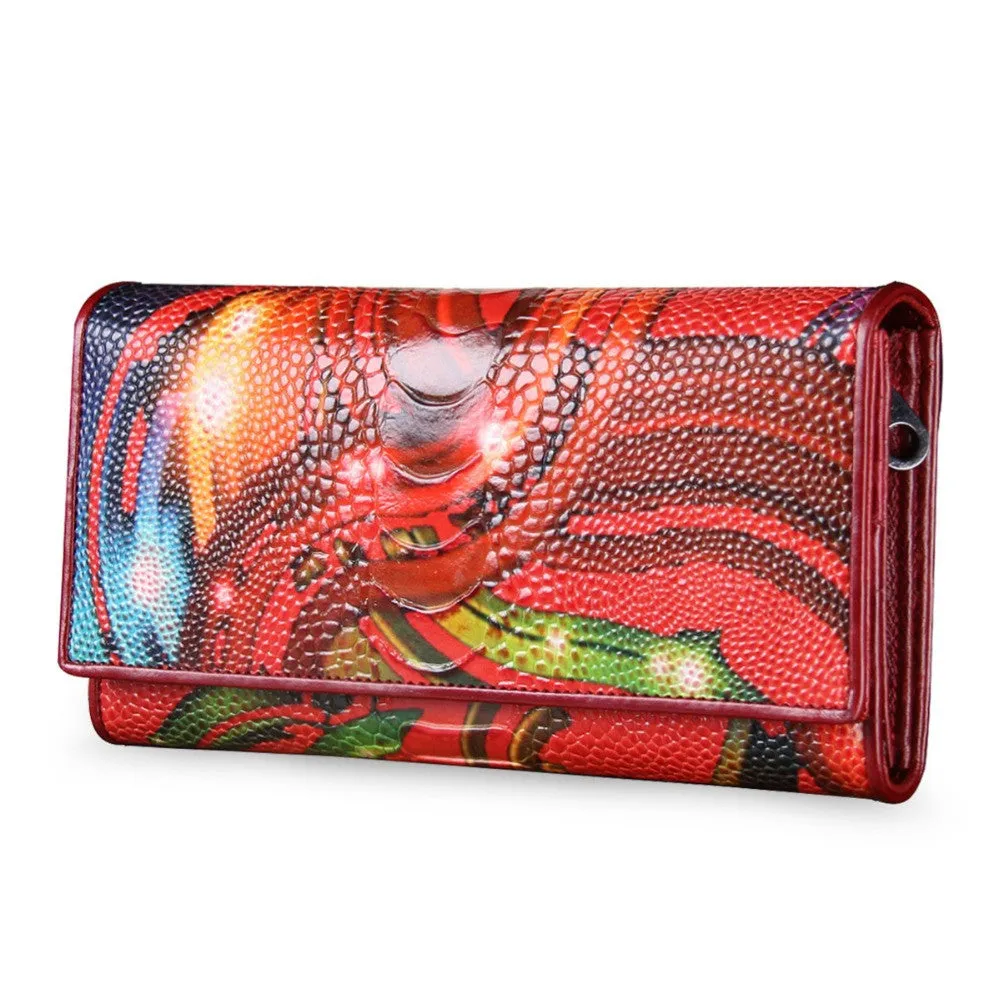 New Fashion Leather Women Wallet Vintage Flower Printed Ostrich Red Wallets Ladies' Long Clutches With Coin Purse Card Holder