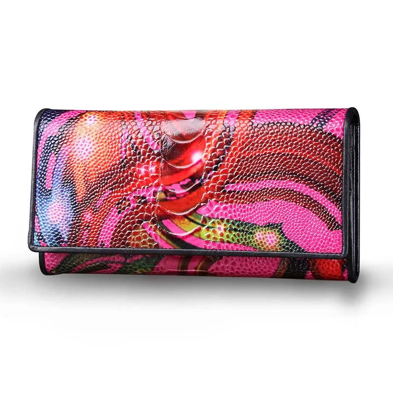 New Fashion Leather Women Wallet Vintage Flower Printed Ostrich Red Wallets Ladies' Long Clutches With Coin Purse Card Holder