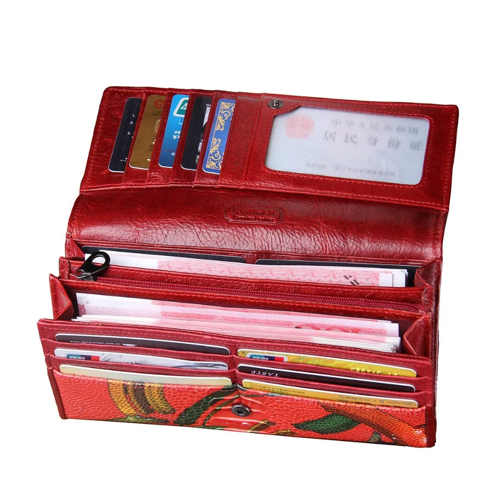 New Fashion Leather Women Wallet Vintage Flower Printed Ostrich Red Wallets Ladies' Long Clutches With Coin Purse Card Holder