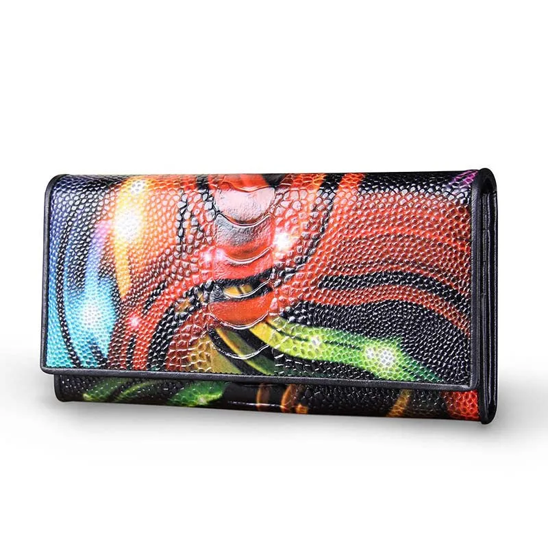 New Fashion Leather Women Wallet Vintage Flower Printed Ostrich Red Wallets Ladies' Long Clutches With Coin Purse Card Holder