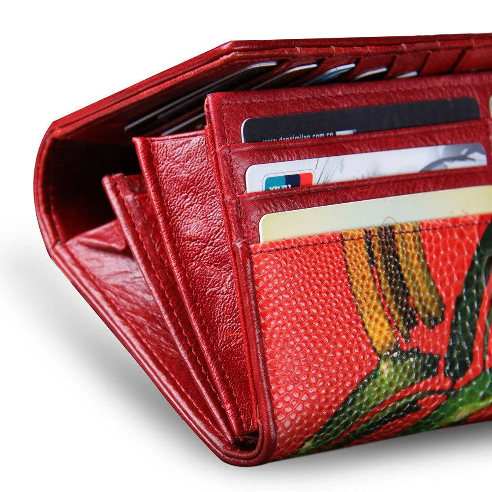 New Fashion Leather Women Wallet Vintage Flower Printed Ostrich Red Wallets Ladies' Long Clutches With Coin Purse Card Holder