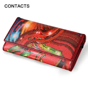 New Fashion Leather Women Wallet Vintage Flower Printed Ostrich Red Wallets Ladies' Long Clutches With Coin Purse Card Holder