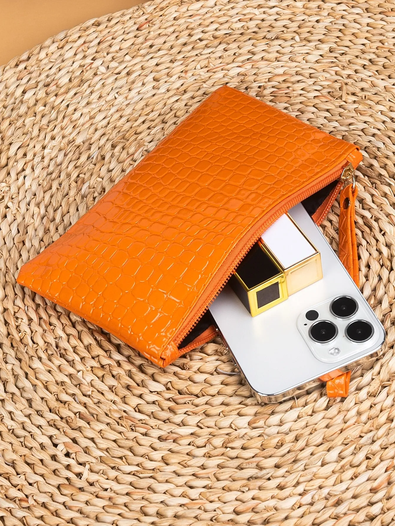 Reptile Pattern Orange Coin Purse With Wristlet Mini Bag Change Pouch Small Coin