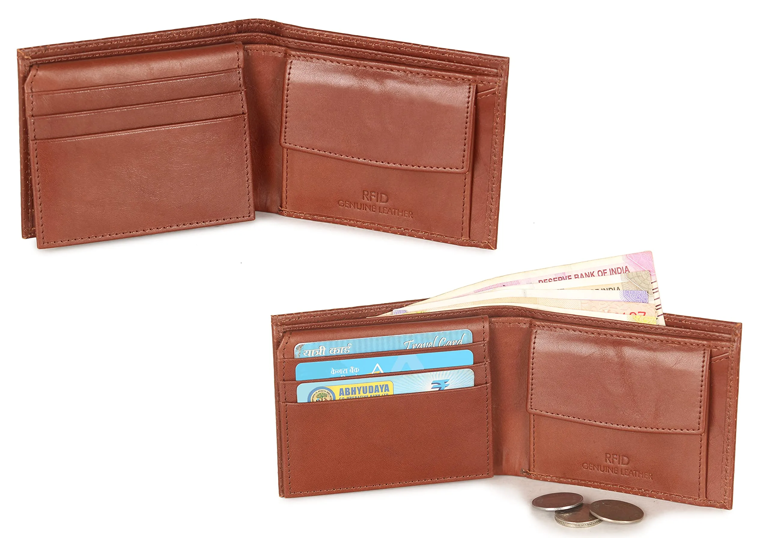 THE CLOWNFISH RFID Protected Genuine Leather Bi-Fold Wallet for Men with Multiple Card Slots, Coin Pocket & ID Window (Tan)