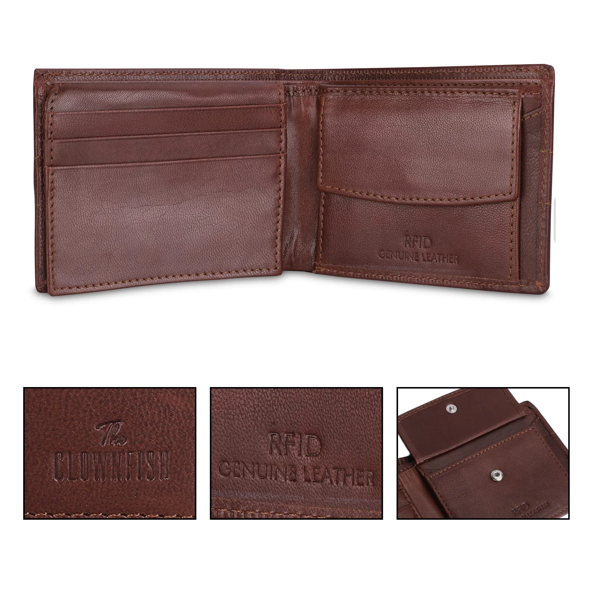 THE CLOWNFISH RFID Protected Genuine Leather Bi-Fold Wallet for Men with Multiple Card Slots, Coin Pocket & Transparent ID window (Brown)